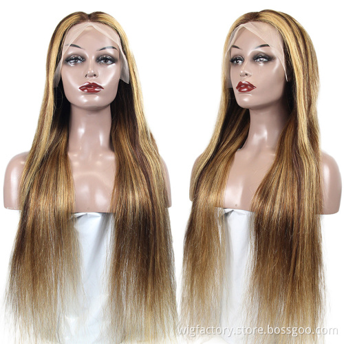 Hot selling very cheap 100 human highlight long wig, colored human hair lace wigs,13*6*1 t part human wig high light wig